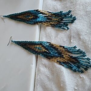 Boho Long Peacock Feather Fringe Beaded Earrings